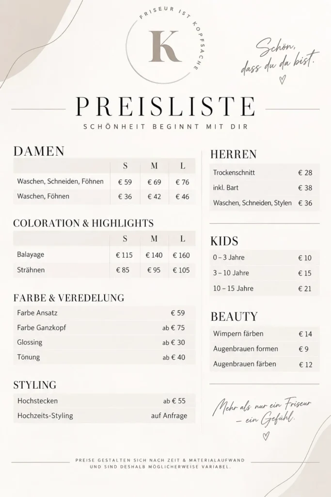 Preisliste von Friseur ist Kopfsache in Kirchberg an der Raab